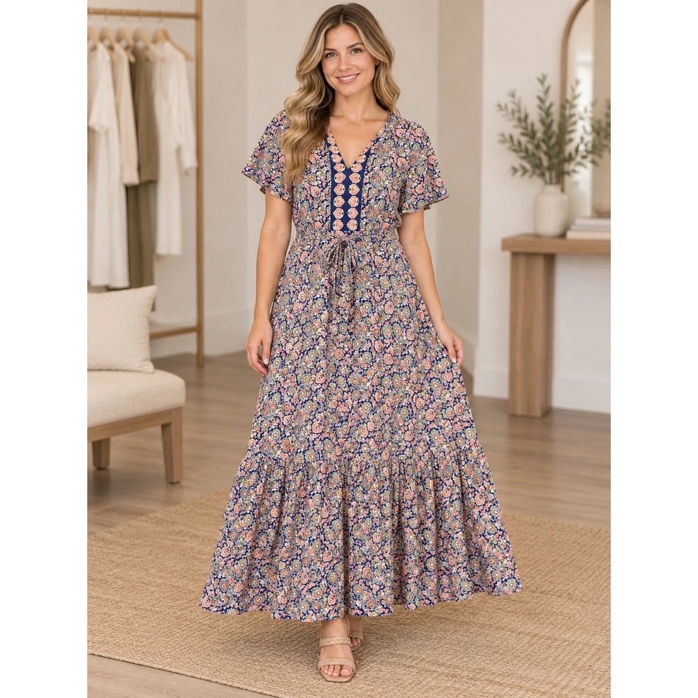 Boden Honeycomb Bloom Floral Jersey Maxi Dress Notch Neck US 12P Prairie *FLaw
